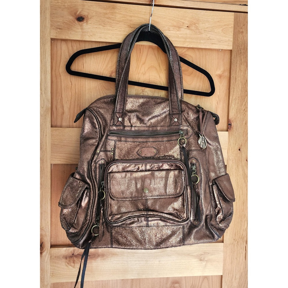 Hayden Harnett Y2K Large Bronze Metallic Leather Satchel Shoulder Bag Purse‎